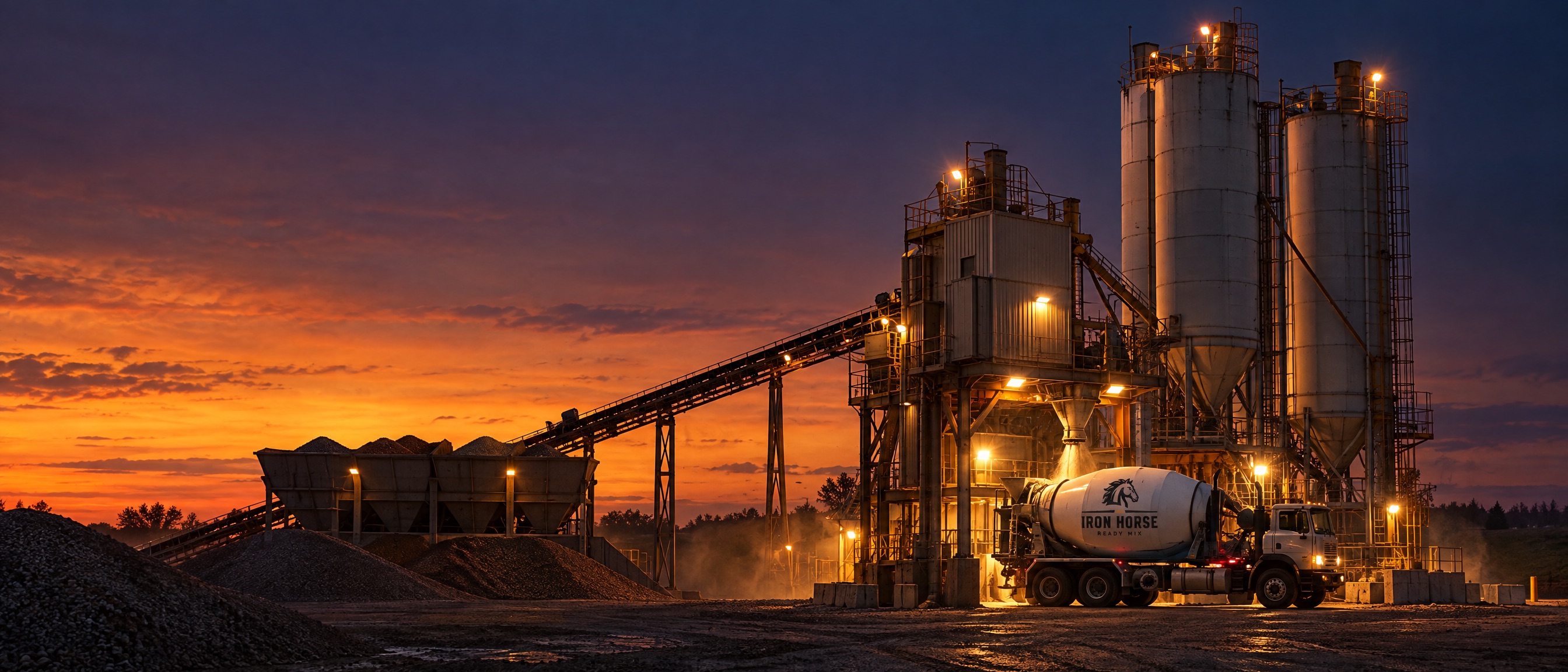 Iron Horse batch plant at dusk with a truck loading under the tower