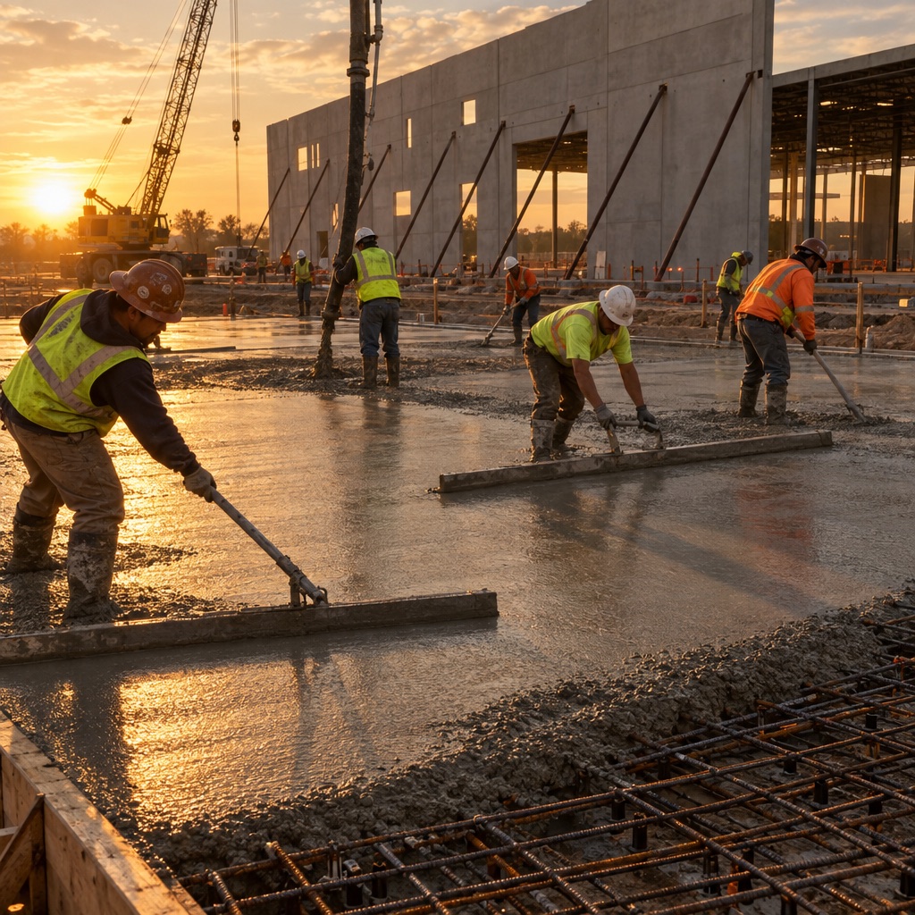 Crew screeding a commercial concrete slab pour