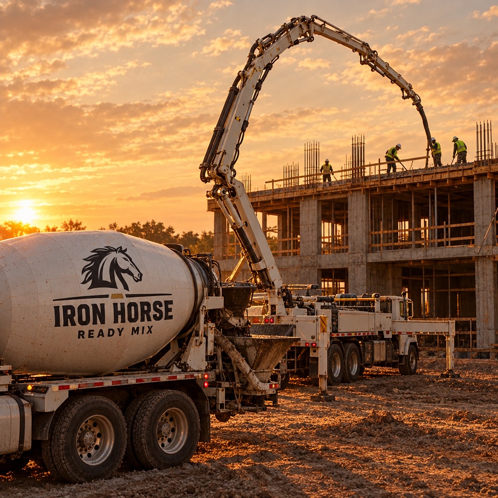 Boom pump placing concrete over a structure